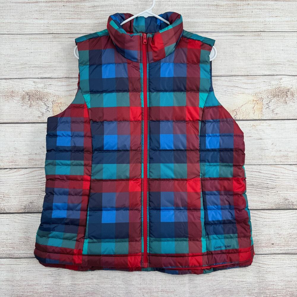 Lands End Checkered 600 Down Full Zip Puffer Vest Women XL/18 Blue Red Green NEW